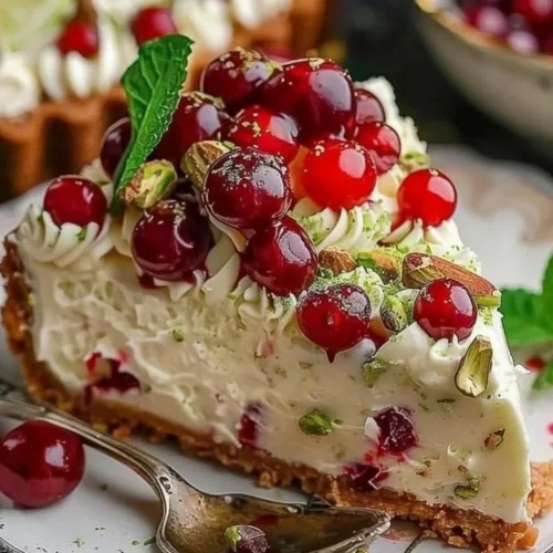 Slice of luscious lemon-lime cherry pistachio cheesecake with vibrant toppings