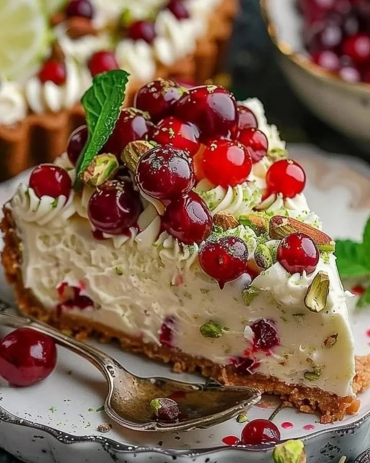 Slice of luscious lemon-lime cherry pistachio cheesecake with vibrant toppings