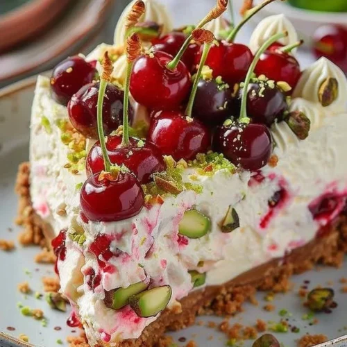 Lemon-lime cherry pistachio cheesecake slice on a plate