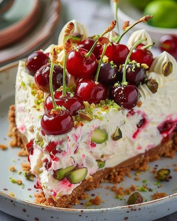 Lemon-lime cherry pistachio cheesecake slice on a plate