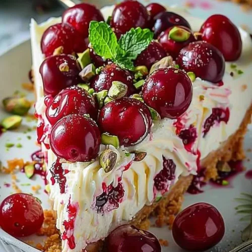 Lemon-lime cherry pistachio cheesecake slice on a plate