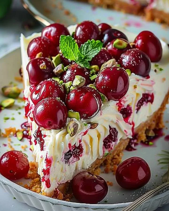 Lemon-lime cherry pistachio cheesecake slice on a plate