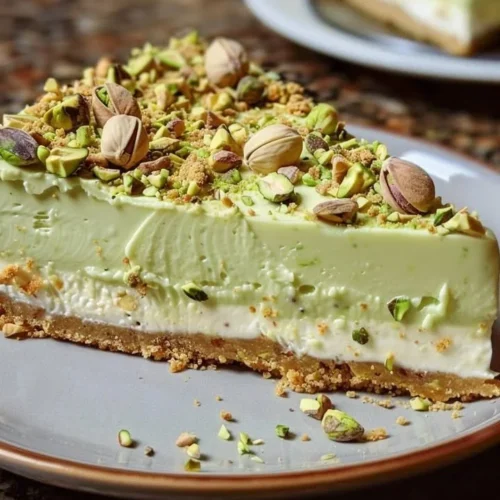 Luxurious pistachio cheesecake topped with crushed pistachios and rich cream
