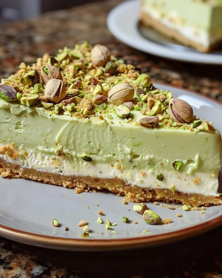 Luxurious pistachio cheesecake topped with crushed pistachios and rich cream