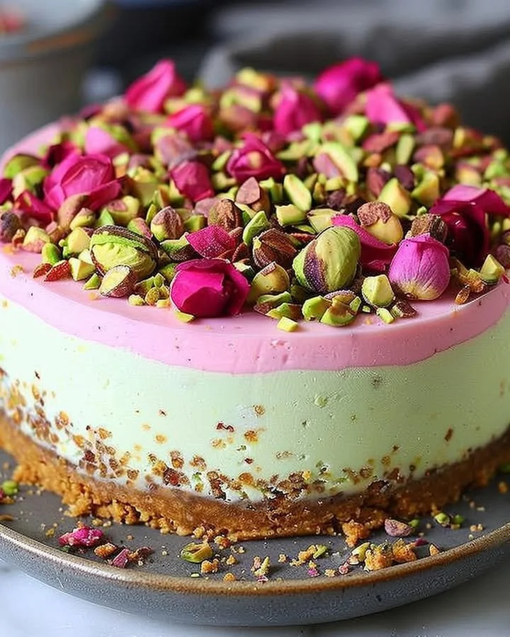 Luxurious pistachio rose cheesecake with elegant presentation and floral garnishes