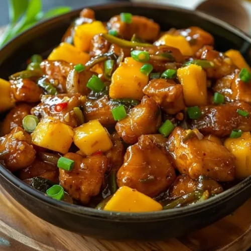 Plate of Mango Chili Chicken garnished with herbs and served with rice