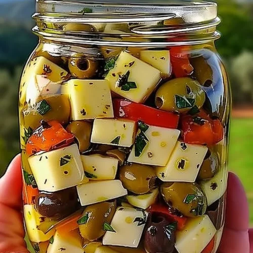 Plate of marinated cheese and olives served as an appetizer