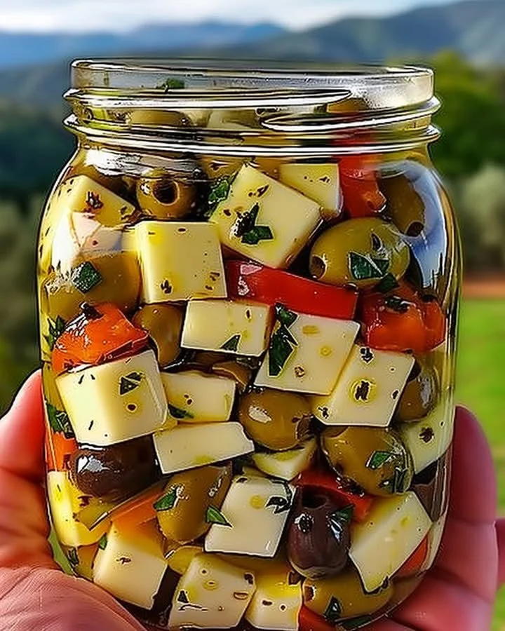 Plate of marinated cheese and olives served as an appetizer