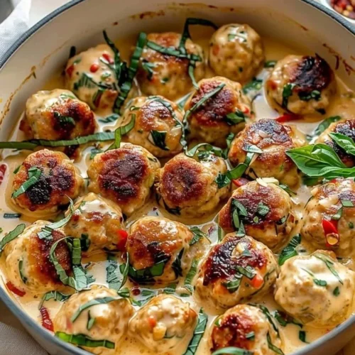Delicious Marry Me Chicken Meatballs served with creamy sauce and herbs.
