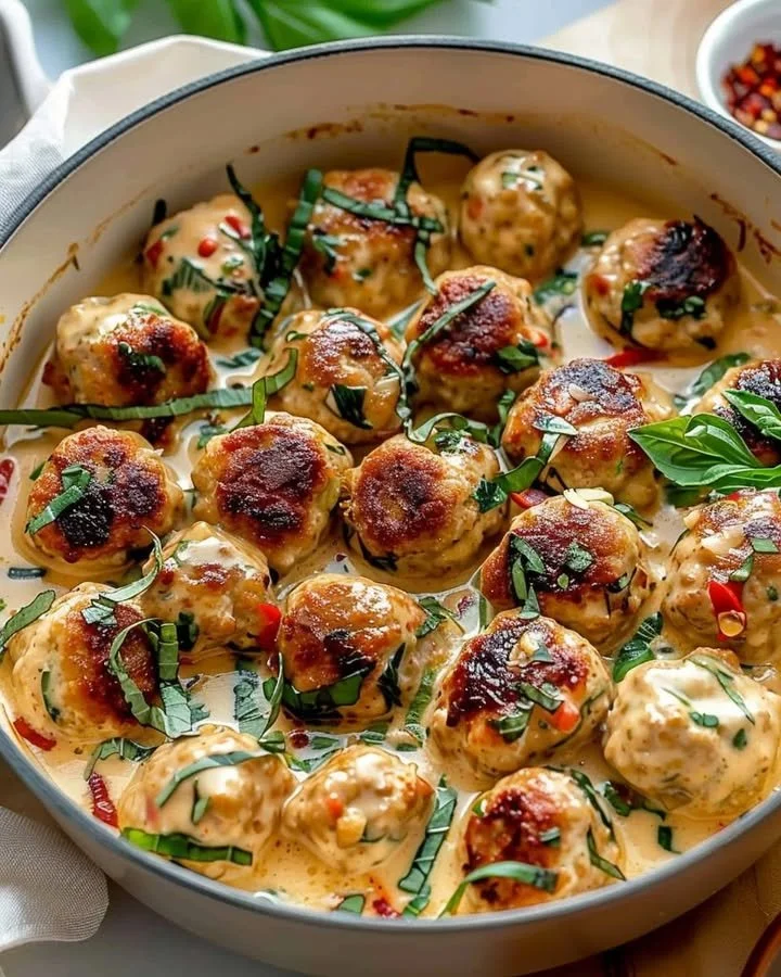 Delicious Marry Me Chicken Meatballs served with creamy sauce and herbs.