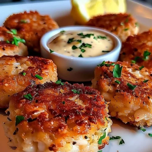 Delicious Maryland crab cakes served with lemon wedges and dipping sauce