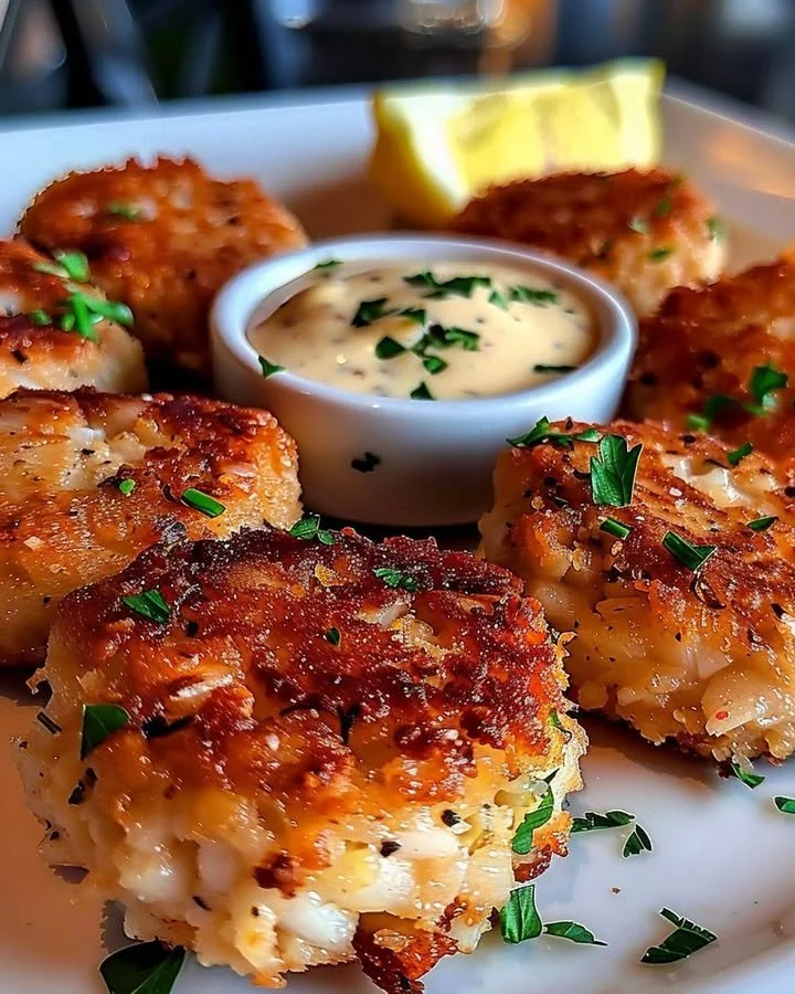 Delicious Maryland crab cakes served with lemon wedges and dipping sauce
