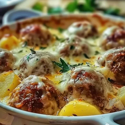 Baked meatballs with potatoes and cheese on a plate, garnished with herbs.
