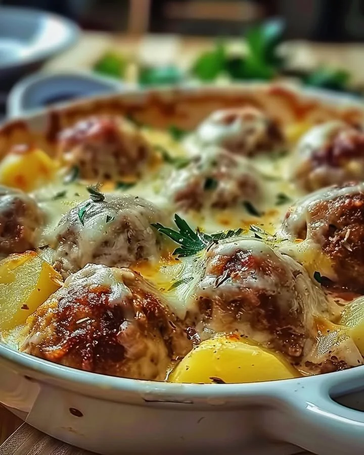 Baked meatballs with potatoes and cheese on a plate, garnished with herbs.