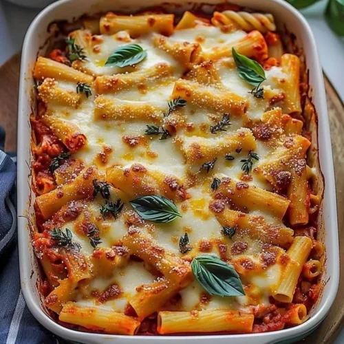 Delicious meatless baked ziti in a serving dish with melted cheese topping.