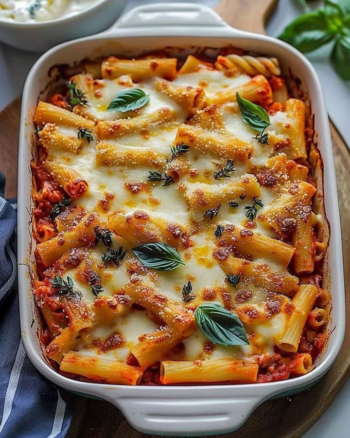 Delicious meatless baked ziti in a serving dish with melted cheese topping.