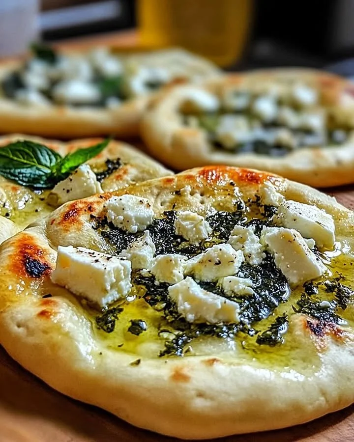 Mediterranean mint and feta stuffed flatbreads on a plate