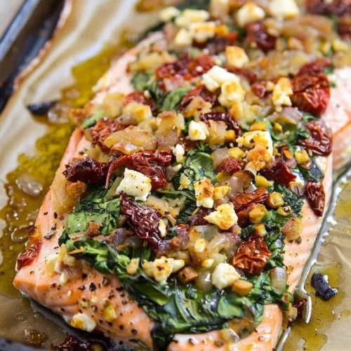 Baked Mediterranean Salmon with vegetables and herbs on a plate