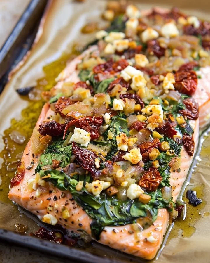 Baked Mediterranean Salmon with vegetables and herbs on a plate