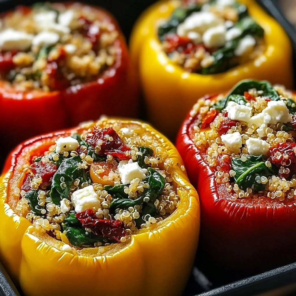 Mediterranean Spinach Feta Stuffed Peppers garnished and ready to serve.