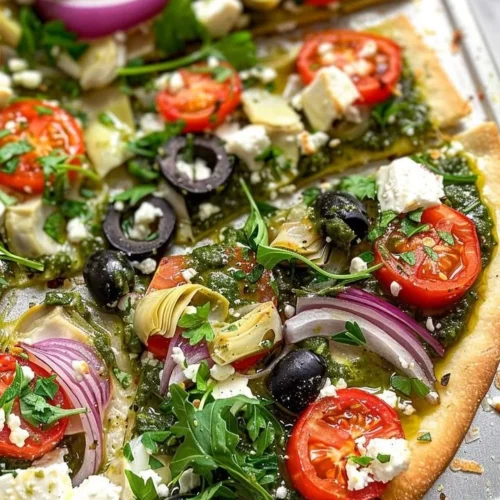 Delicious Mediterranean Veggie Flatbread topped with fresh vegetables and herbs