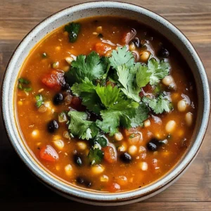 Bowl of Mexican Beans and Rice Soup topped with cilantro and spices.