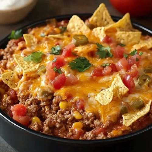 A hearty Mexican Casserole topped with melted cheese and fresh ingredients.