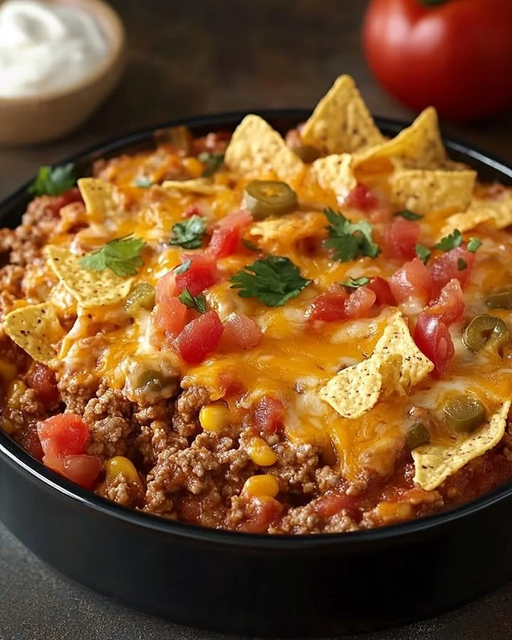 A hearty Mexican Casserole topped with melted cheese and fresh ingredients.