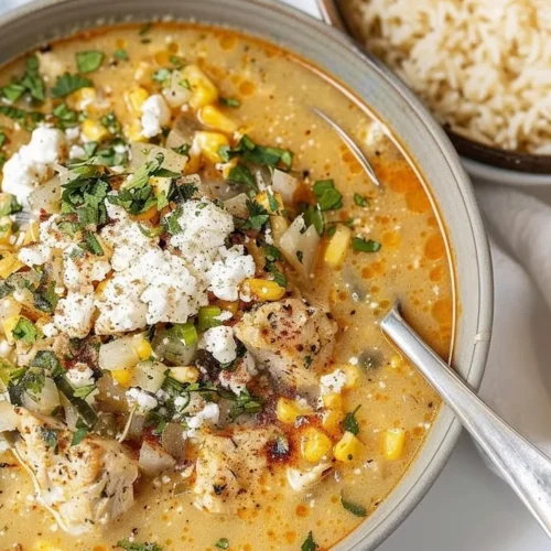 Bowl of delicious Mexican street corn soup with vibrant toppings