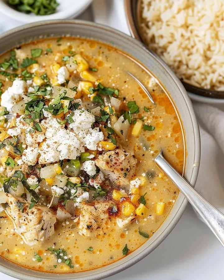 Bowl of delicious Mexican street corn soup with vibrant toppings