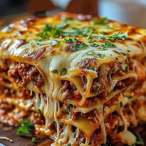 Delicious Million Dollar Lasagna served with fresh herbs and a side salad