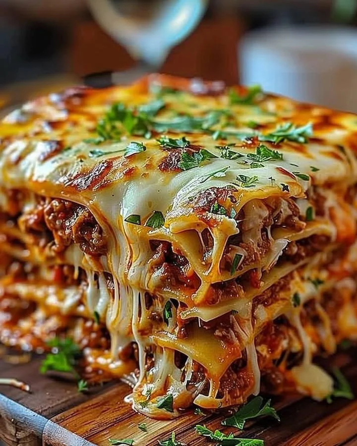 Delicious Million Dollar Lasagna served with fresh herbs and a side salad