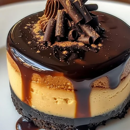 Mini espresso cheesecake desserts garnished with coffee beans and chocolate drizzle.