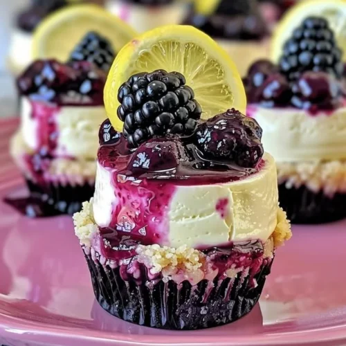 Mini lemon blackberry cheesecakes served on a plate, garnished with berries.