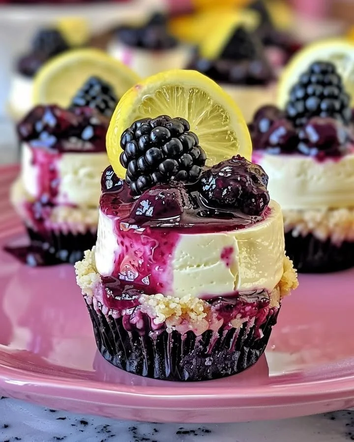 Mini lemon blackberry cheesecakes served on a plate, garnished with berries.