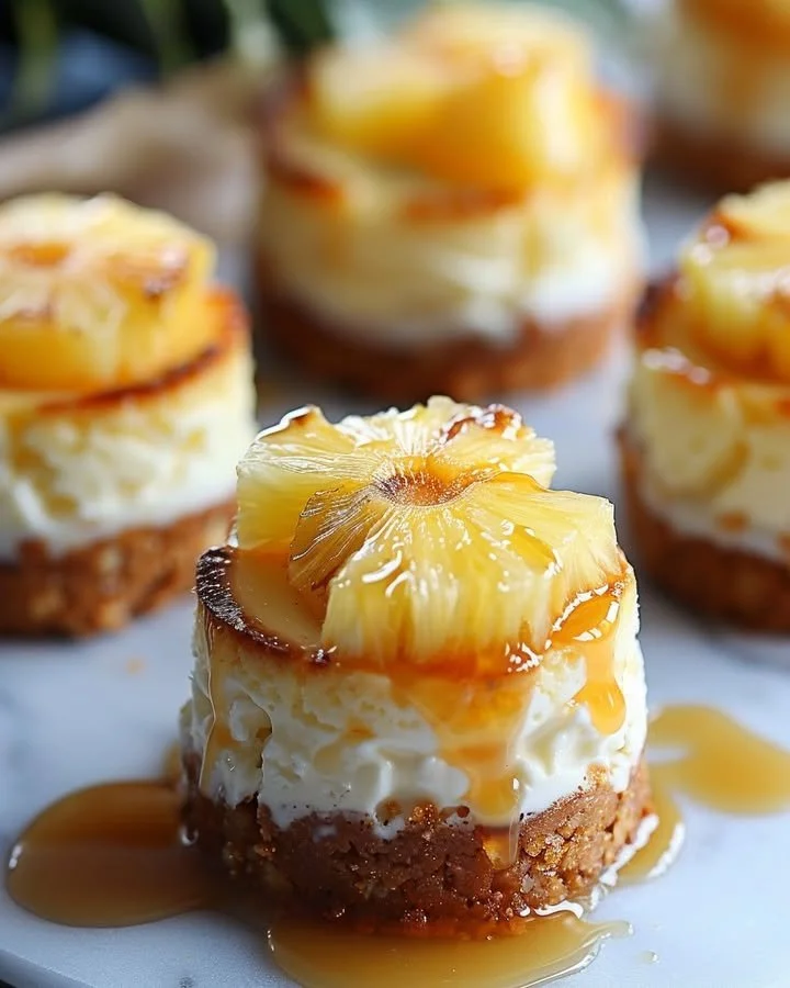 Mini Pineapple Upside-Down Cheesecakes on a serving platter.