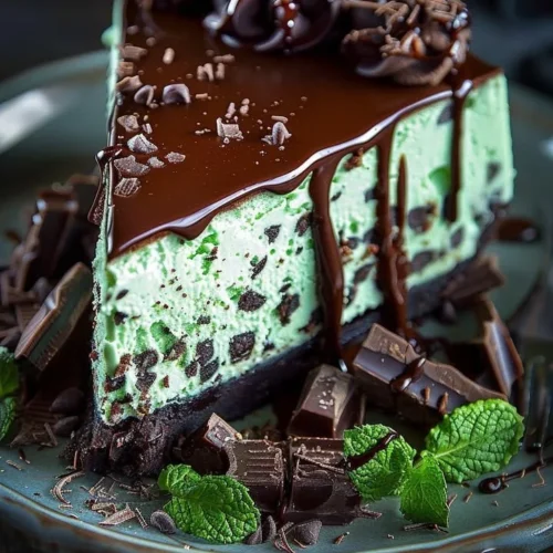 Delicious Mint Chocolate Cheesecake topped with chocolate shavings and mint leaves