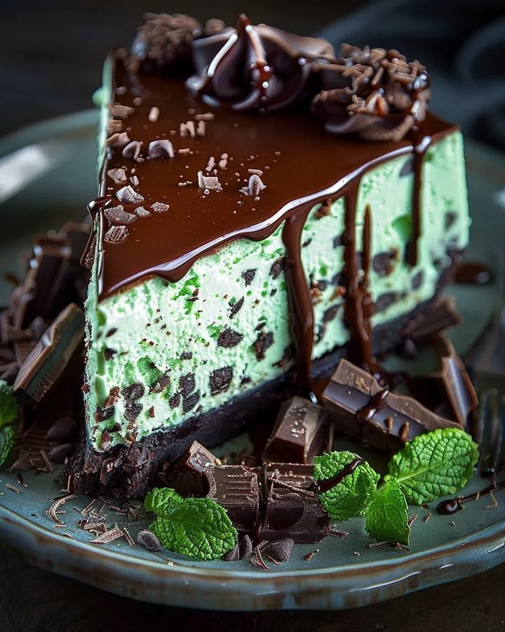 Delicious Mint Chocolate Cheesecake topped with chocolate shavings and mint leaves