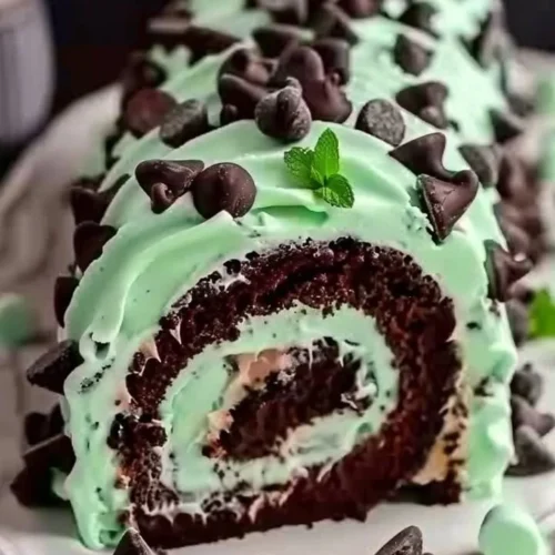 Slice of mint chocolate chip cake roll with mint leaves and chocolate chips