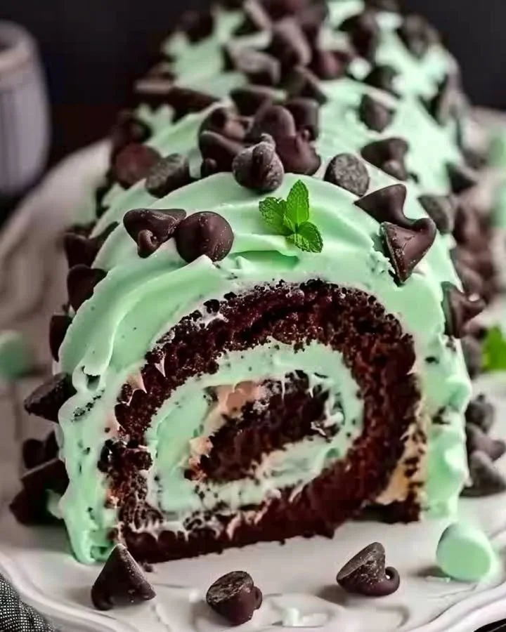 Slice of mint chocolate chip cake roll with mint leaves and chocolate chips