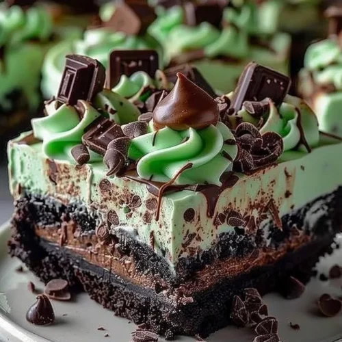 Mint Chocolate Fudge Cheesecake Cake with layers of creamy fudge and mint