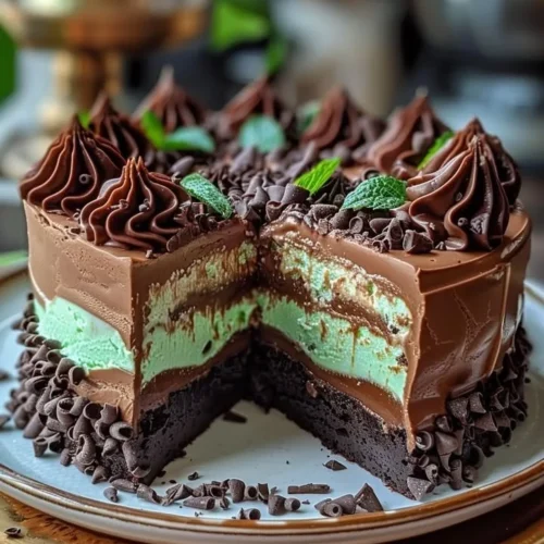 Mint Chocolate Fudge Cheesecake Cake topped with chocolate and mint garnish