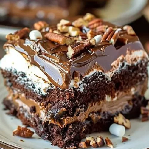 Delicious Mississippi Mud Cake with chocolate layers and toppings