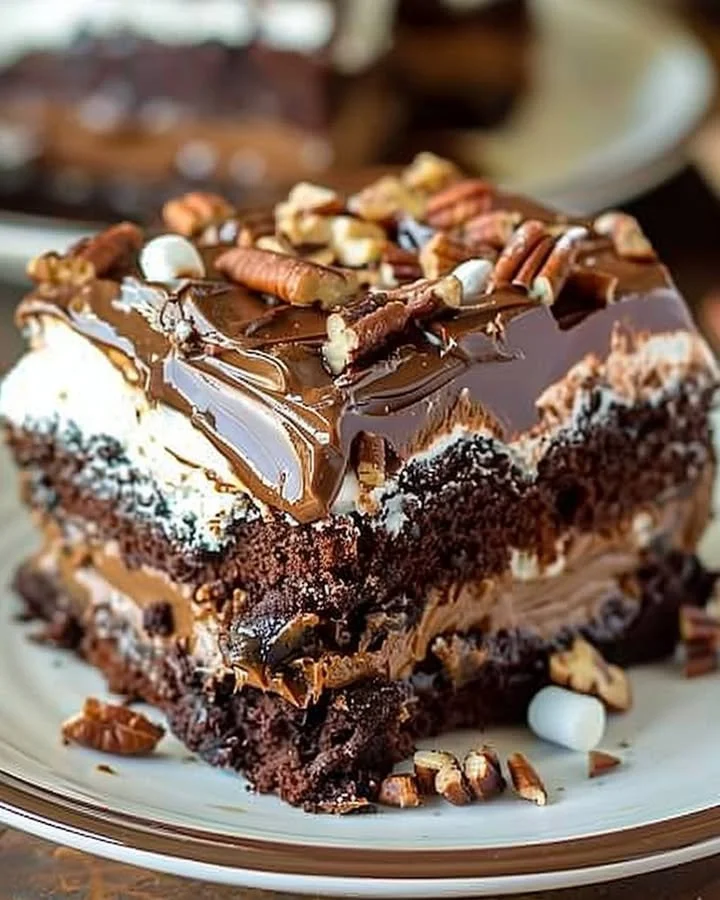 Delicious Mississippi Mud Cake with chocolate layers and toppings