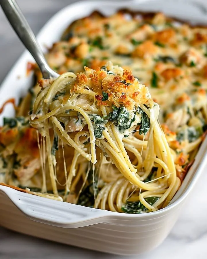 Monterey Chicken Spaghetti Bake topped with cheese and herbs