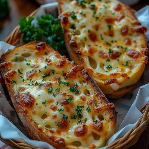 Freshly baked cheesy garlic bread topped with melted cheese and herbs