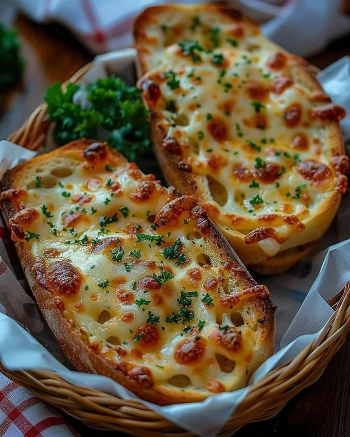 Freshly baked cheesy garlic bread topped with melted cheese and herbs
