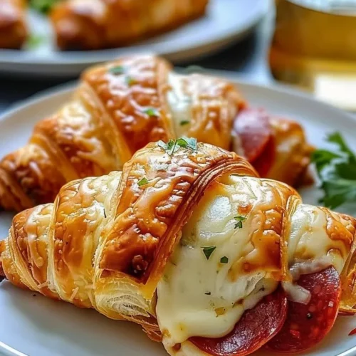 Mozzarella pepperoni croissant rolls baked to golden perfection.