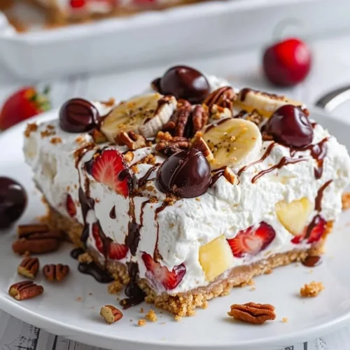 No bake banana split cheesecake bars topped with cherries and whipped cream
