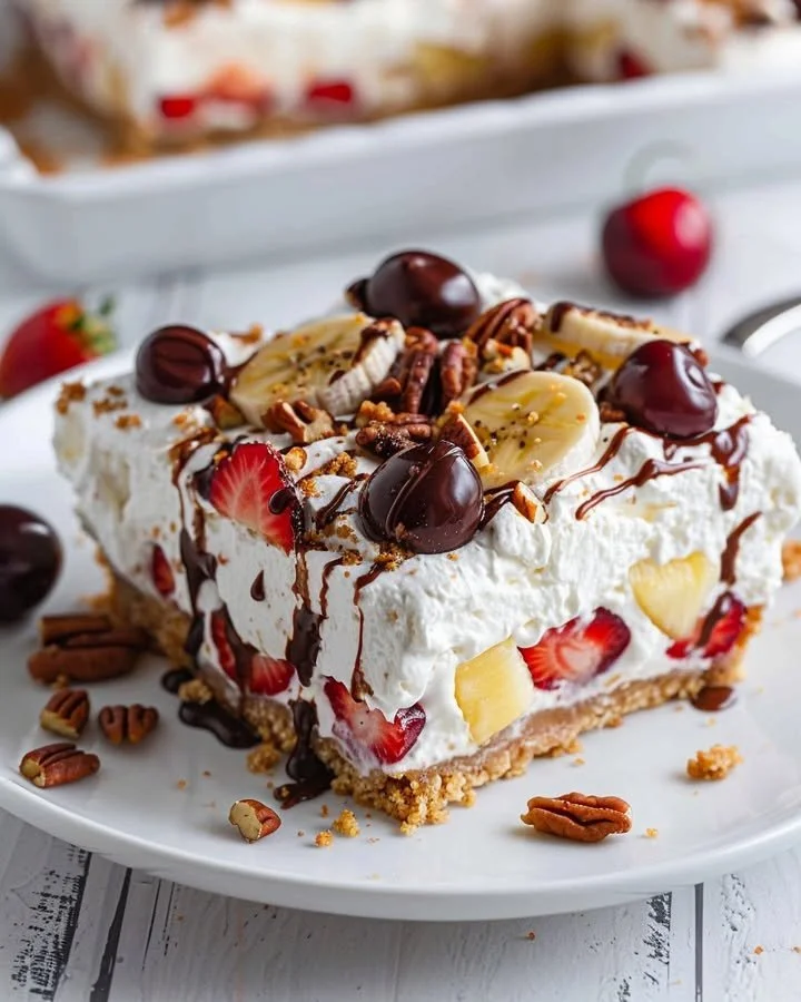No bake banana split cheesecake bars topped with cherries and whipped cream